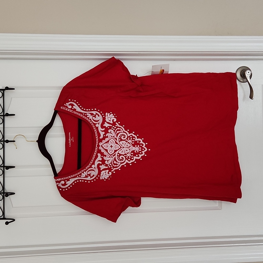 Red and white embroidered scoop neck top